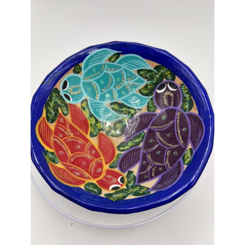 Hand Painted Turtle Trinket Dish Decorative Bowl Colorful Pottery